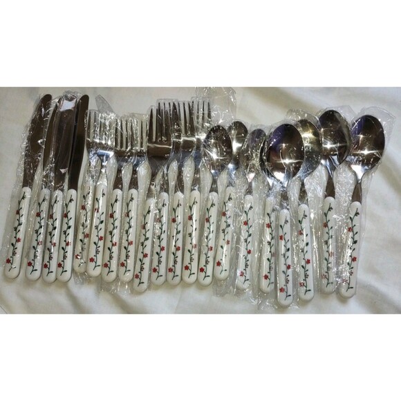 New! 20 Piece Set Holly Flatware Christmas Spoons Forks Knives With Tin - Picture 3 of 10